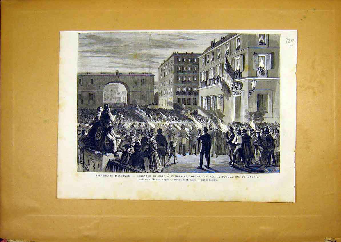 Original Old Antique Print Spain Serenade French Ambassador Madrid 1868 19th