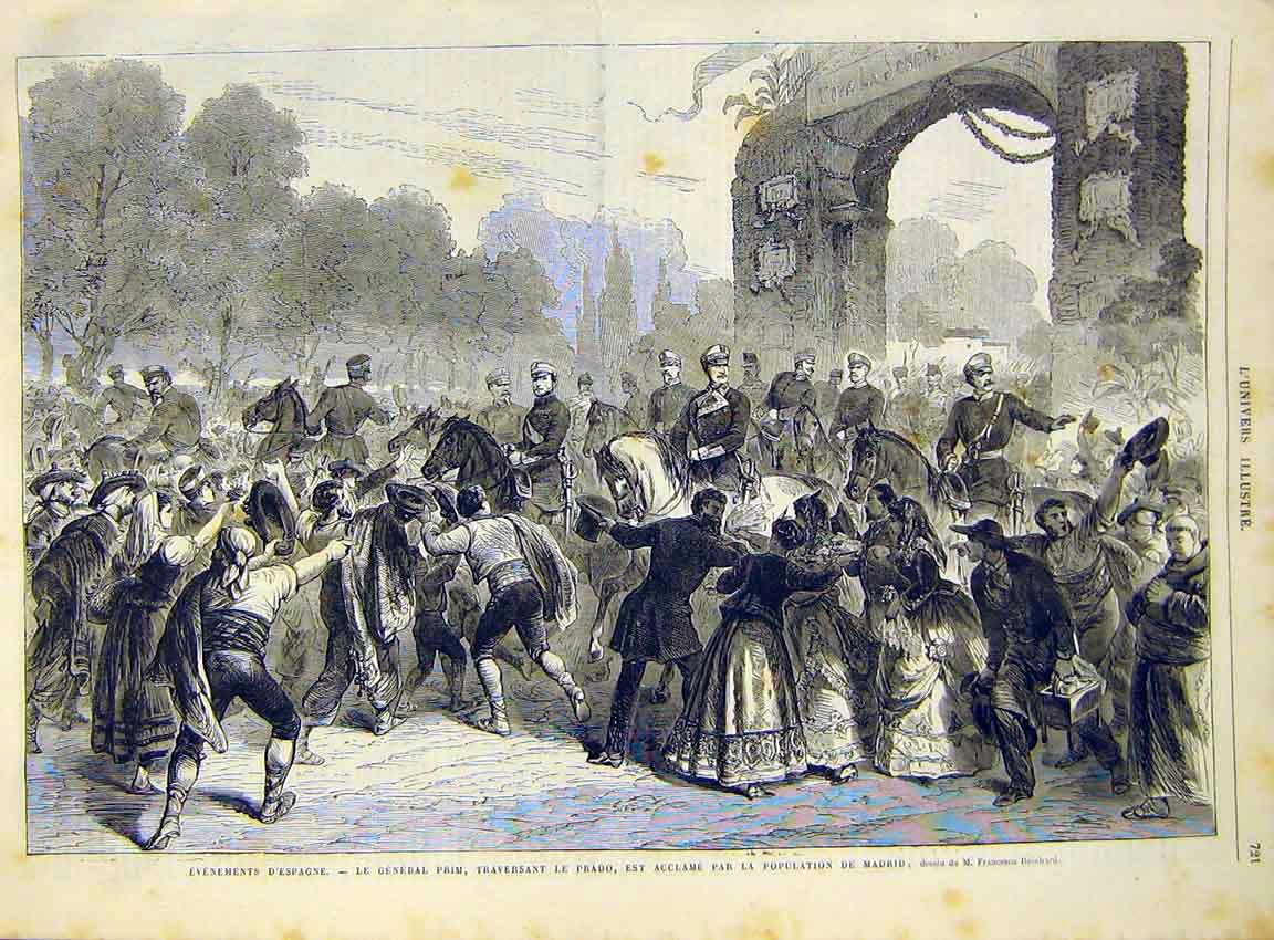 Original Old Antique Print Spain Prim Spanish Madrid Prado French 1868 Victorian