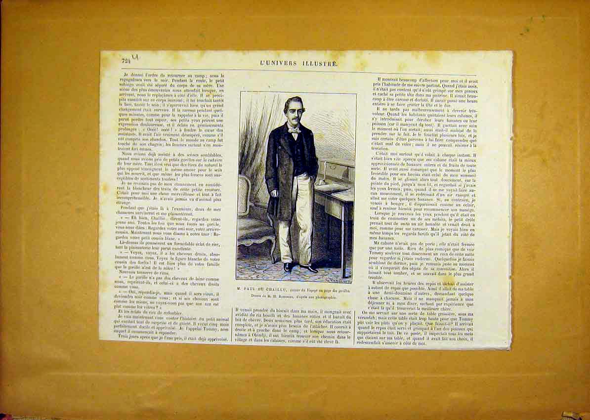 Original Old Antique Print Portrait Chaillu Author Gorillas French 1868 19th