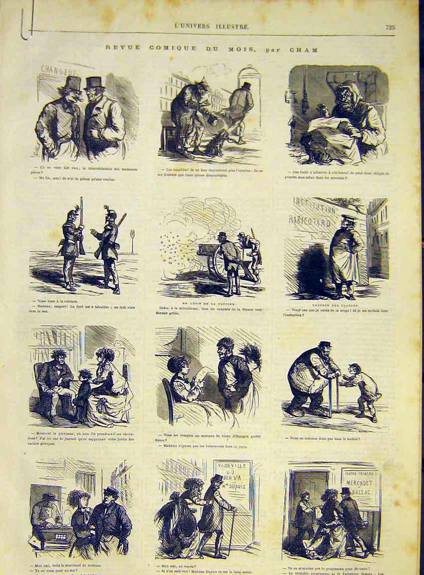 Original Old Antique Print Comic Sketches Cham Medical Theatre French 1868 19th