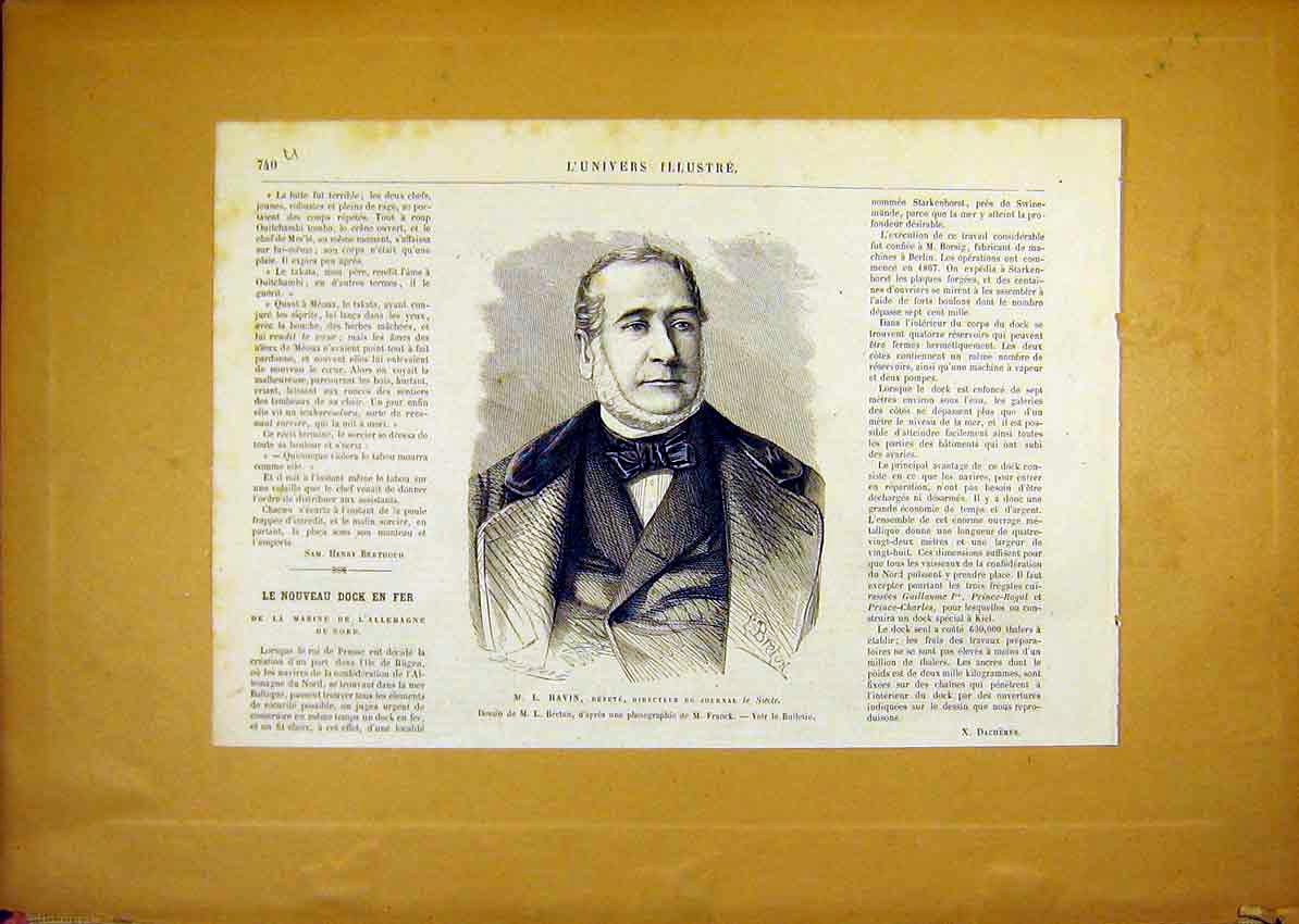 Original Old Antique Print Portrait Havin Siecle French 1868 19th