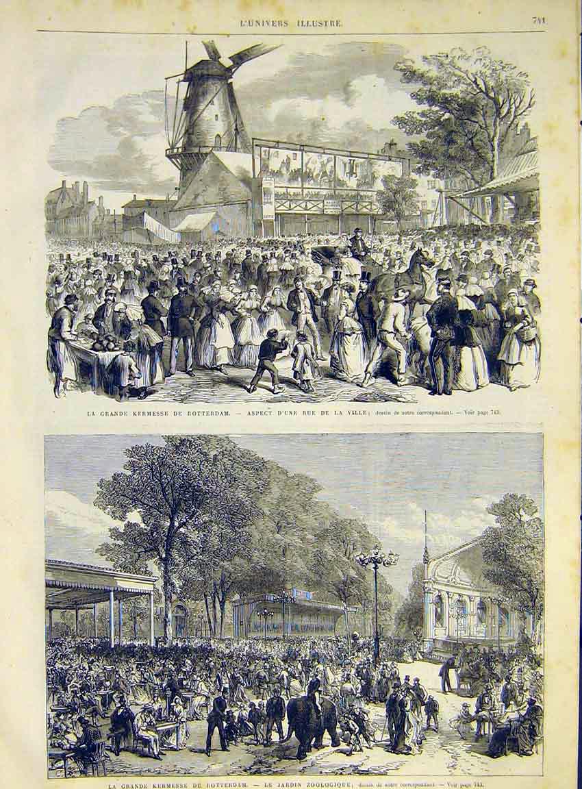 Original Old Antique Print Rotterdam Carnival Kermesse Zoo Garden 1868 Victorian