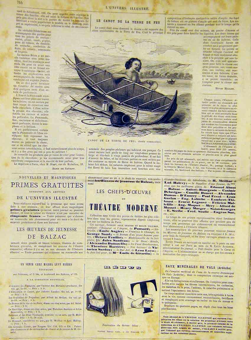Original Old Antique Print Boat Builder Terre-De-Feu Canoe Island Fire 1868 19th