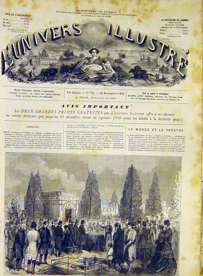 Original Old Antique Print Funeral Rothschild Cemetery Isidor Pere-Lachaise 1868