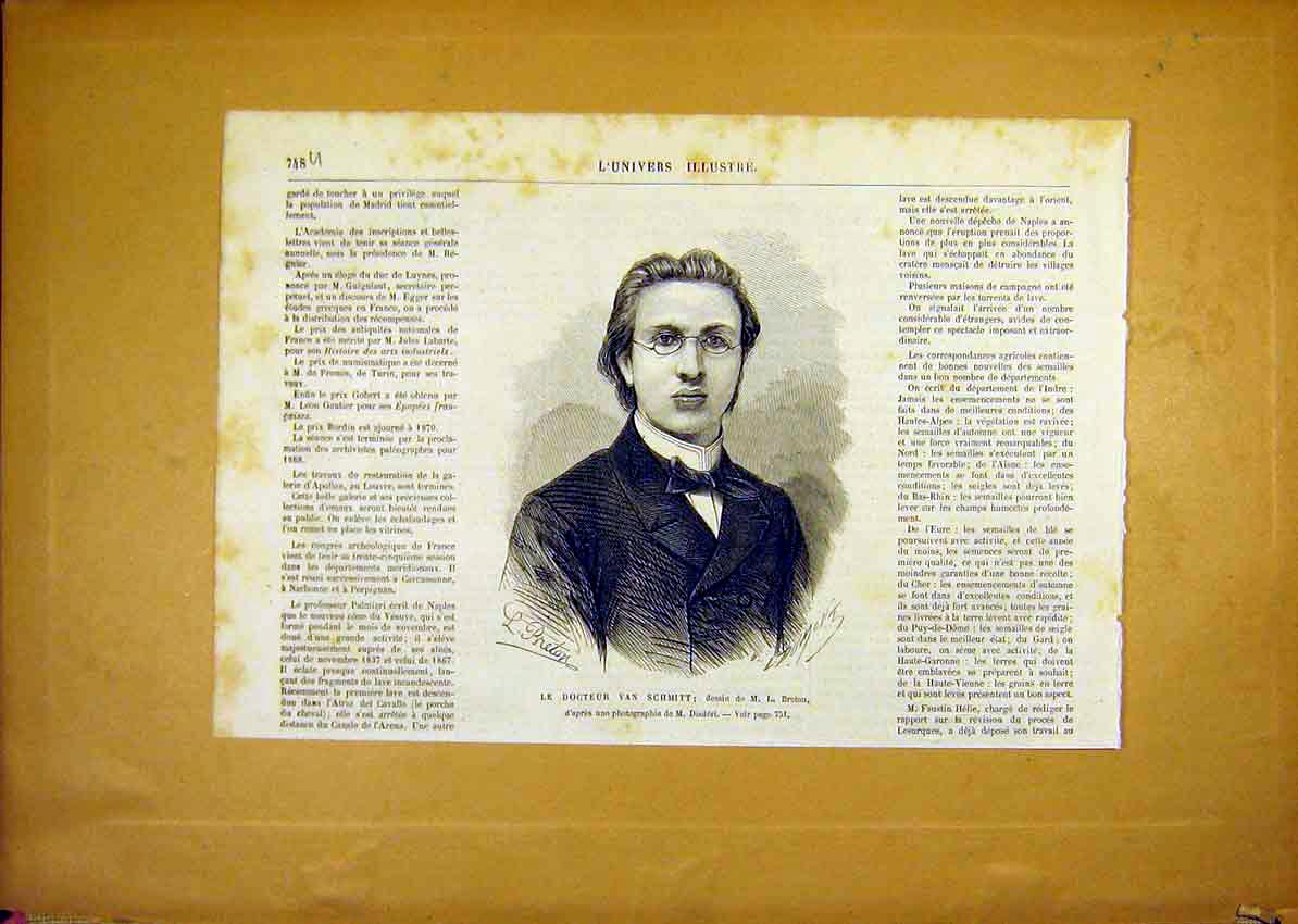 Original Old Antique Print Portrait Doctor Schmitt French 1868 19th