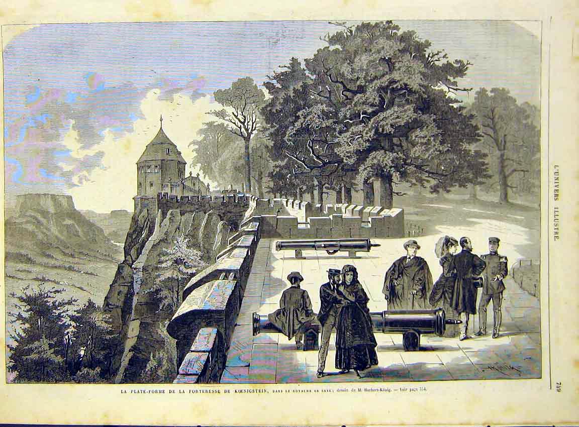Original Old Antique Print Fortress Koenigstein Platform Canon French 1868 19th