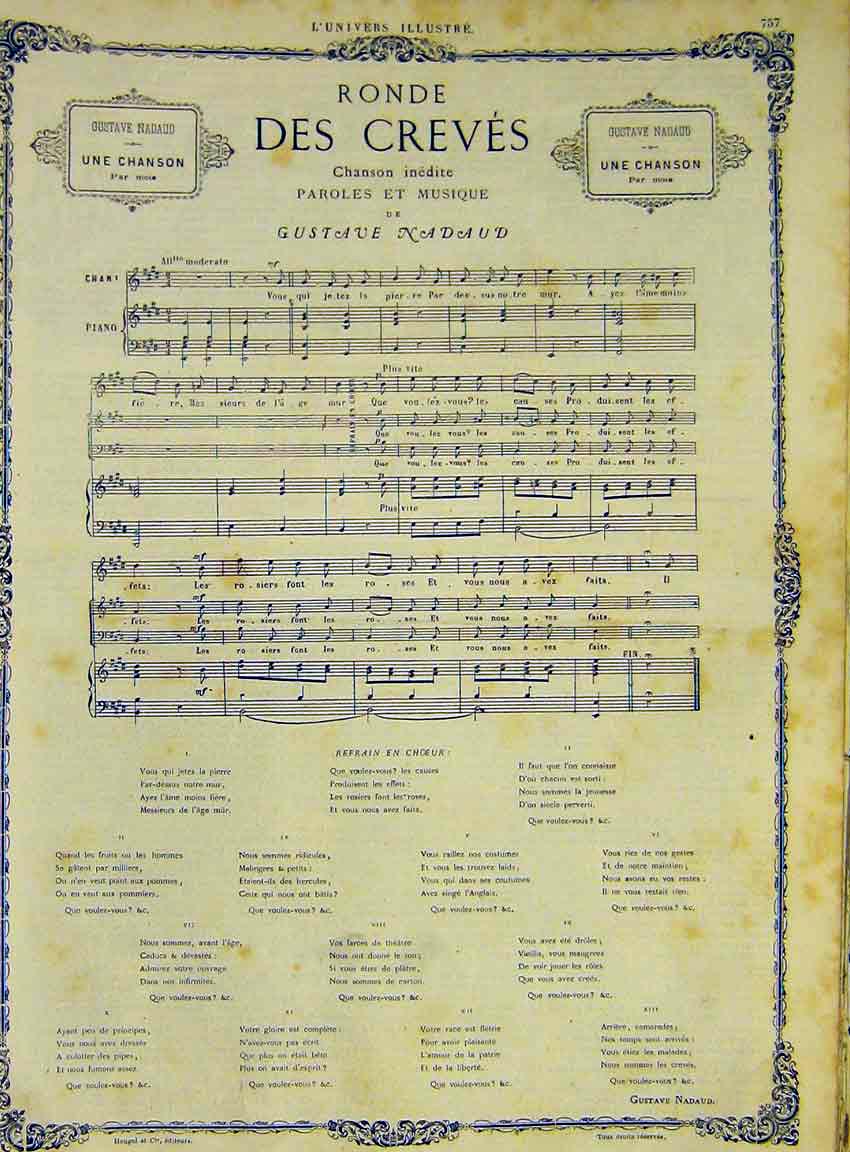 Original Old Antique Print Music Chanson Des Creves Nadaud Song French 1868 19th