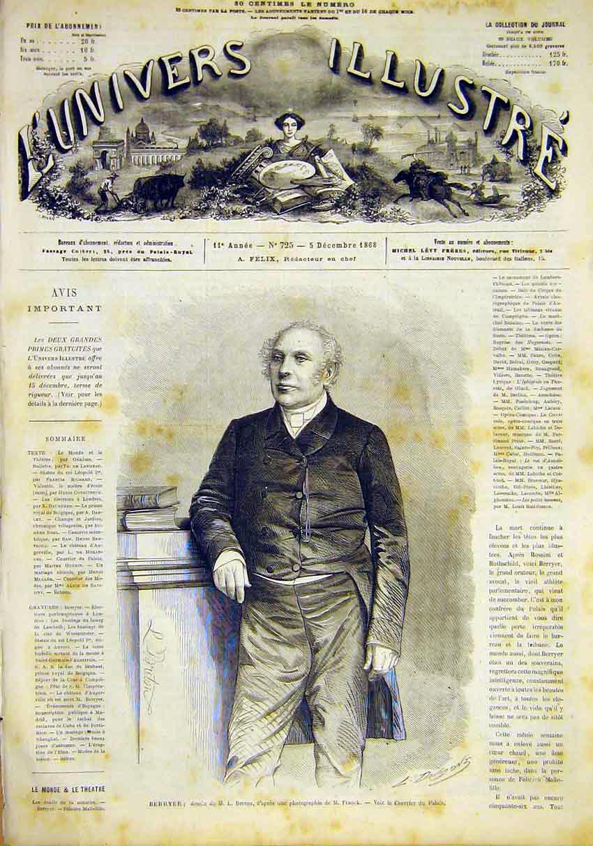 Original Old Antique Print Portrait Berryer Breton French 1868 19th