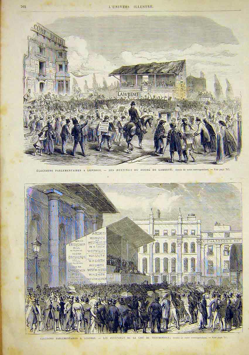 Original Old Antique Print Elections Parliament London Hustings Lambeth 1868