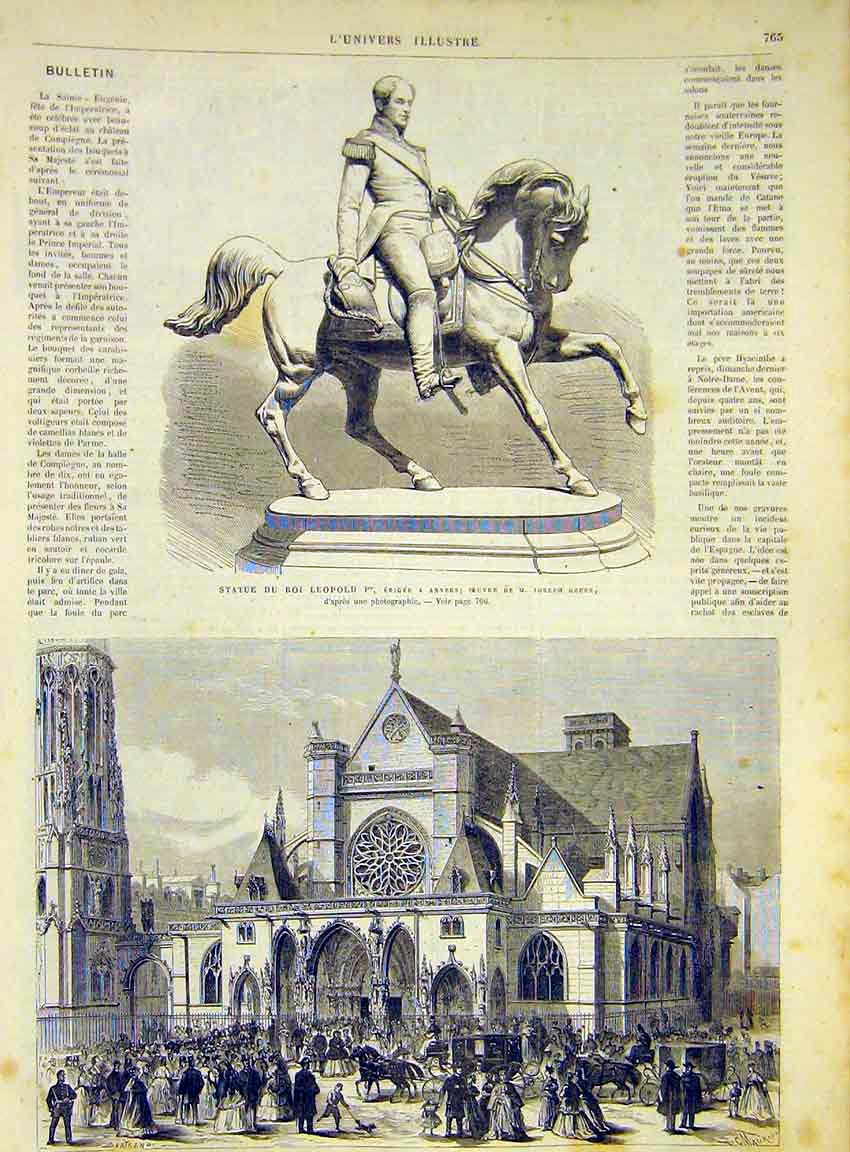 Original Old Antique Print Statue LeopAnvers Geefs Queen Isabelle 1868 Victorian
