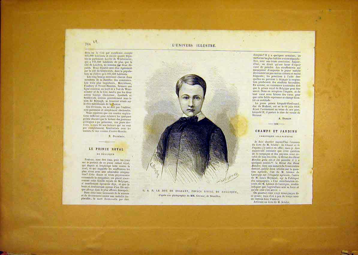 Original Old Antique Print Portrait Brabant Prince Royal Belgium French 1868