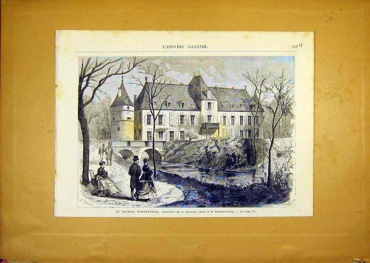 Original Old Antique Print Castle Augerville Berryer French 1868 19th