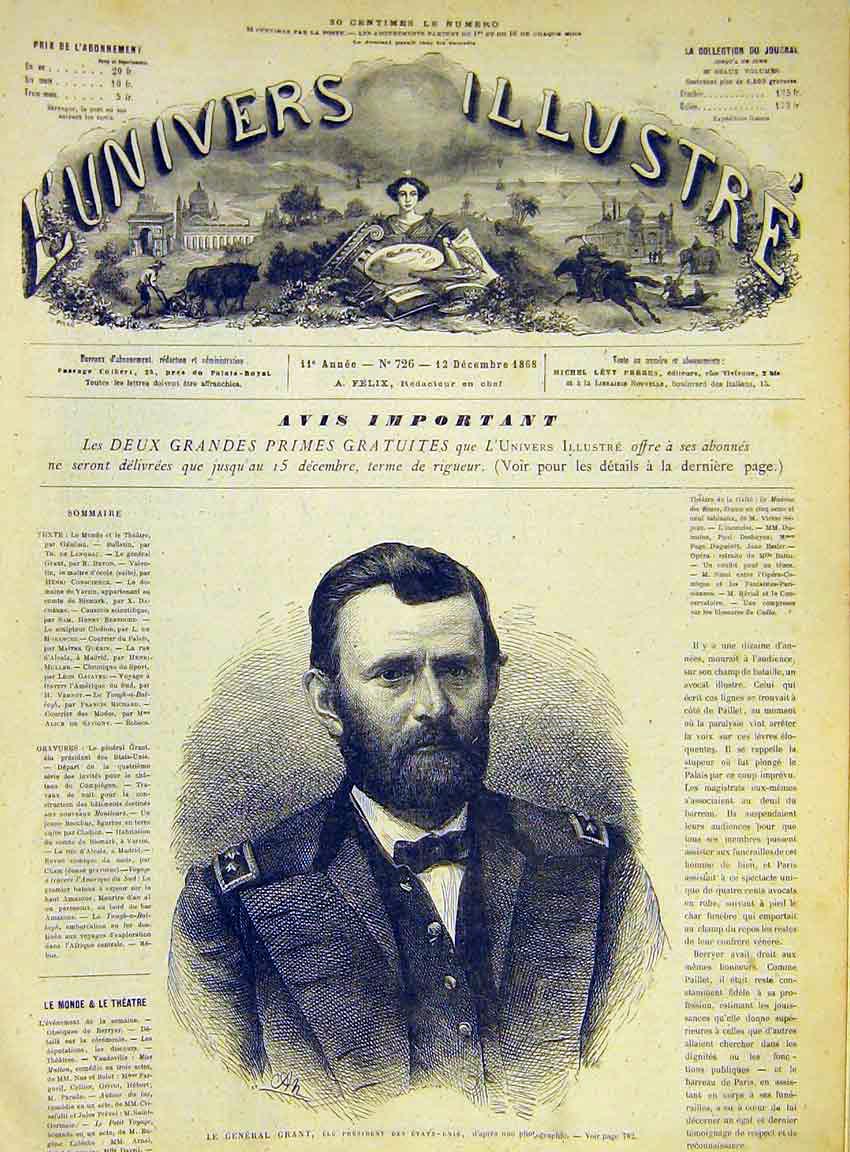 Original Old Antique Print Portrait General Grant President United States 1868