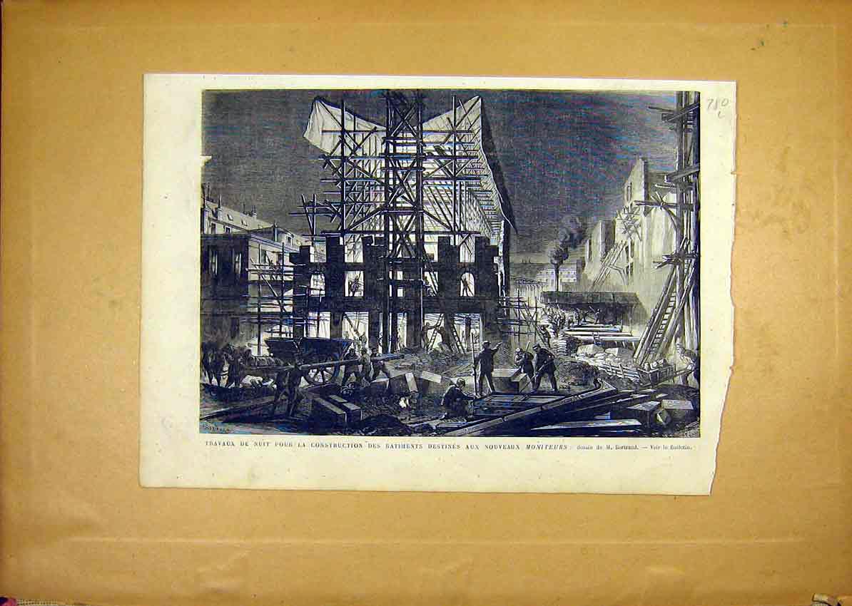 Original Old Antique Print Moniteurs Construction Work French 1868 Victorian