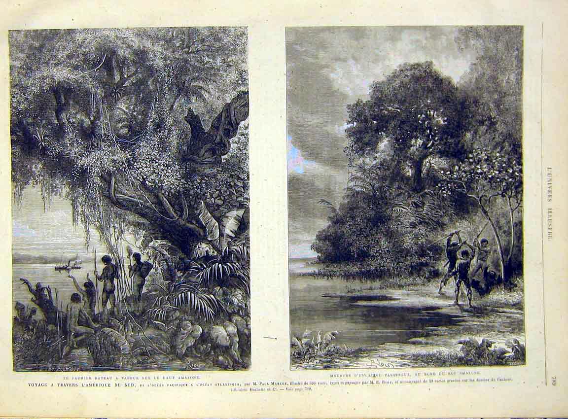 Original Old Antique Print South-America Exploration Amazon Marcoy Riou 1868