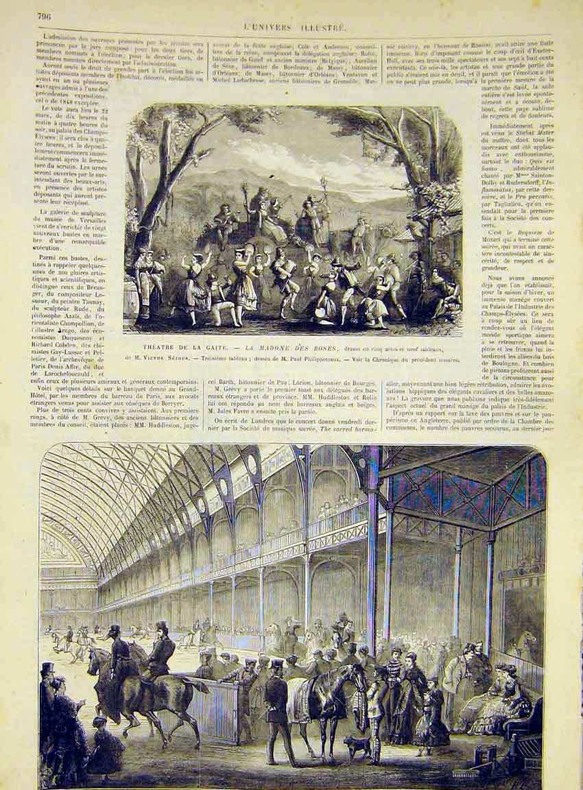 Original Old Antique Print Theatre Madona Roses Champs-Elysees Horse 1868 19th