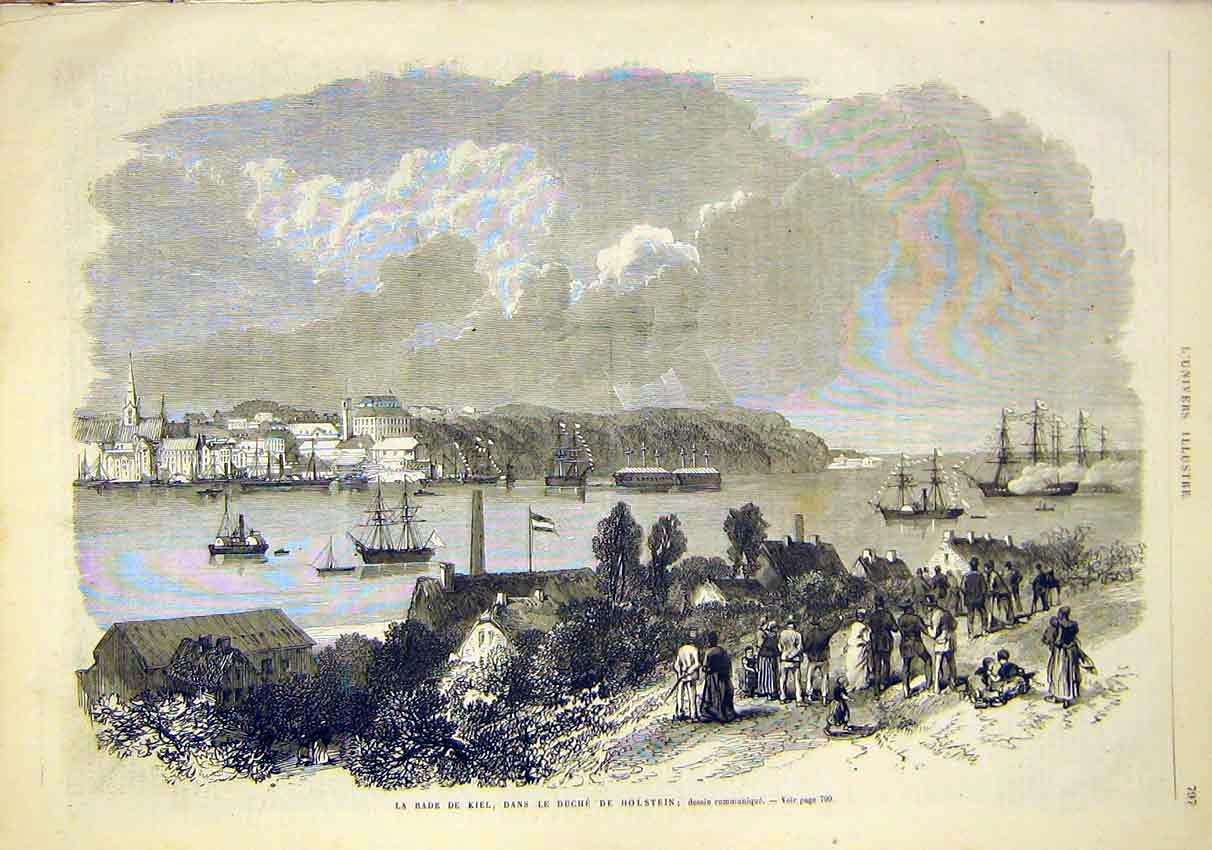 Original Old Antique Print Kiel River Holstein French 1868 19th