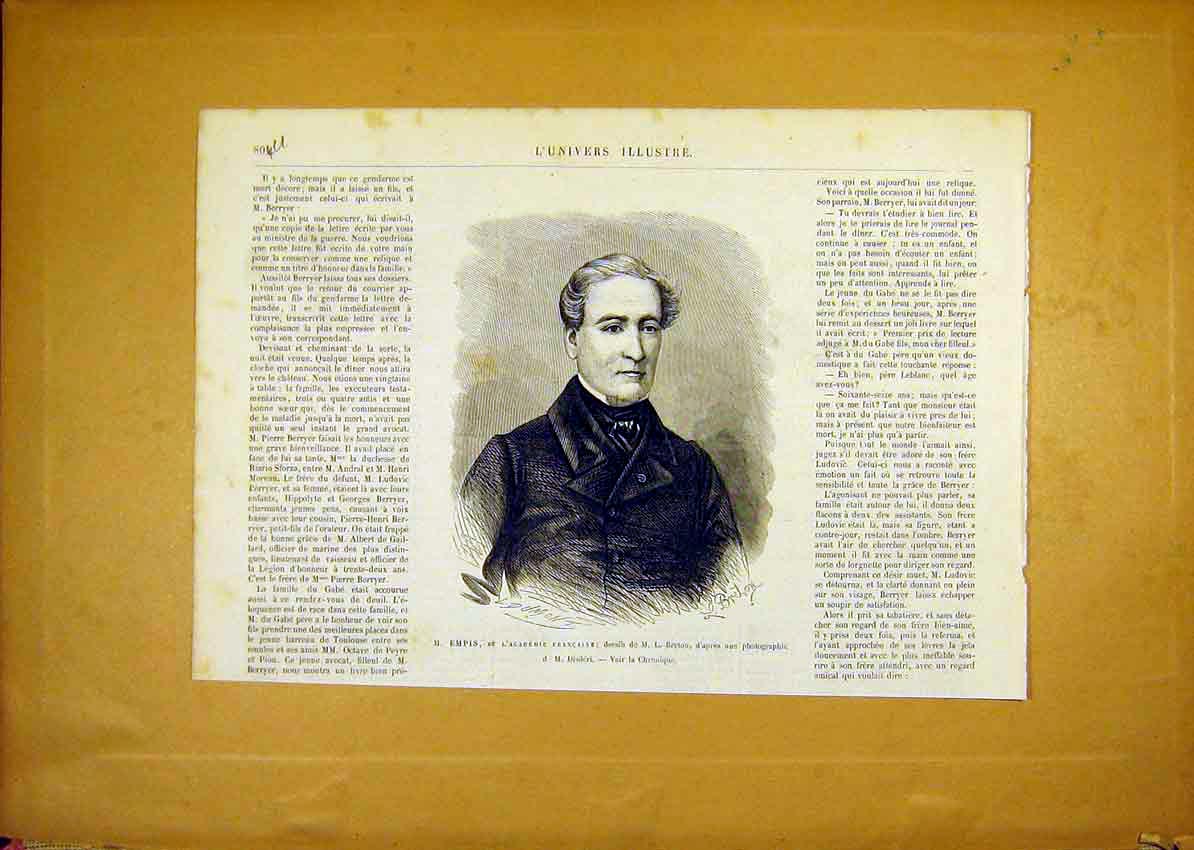 Original Old Antique Print Portrait Empis French Academy 1868 19th