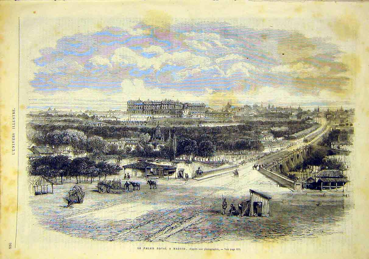 Original Old Antique Print Royal Palace Madrid Spain Building French 1868 19th