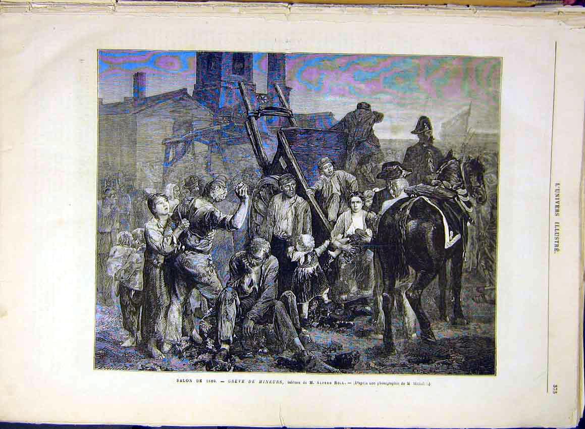 Original Old Antique Print Miners Grave Strike Mining Roll Fine Art 1880 19th