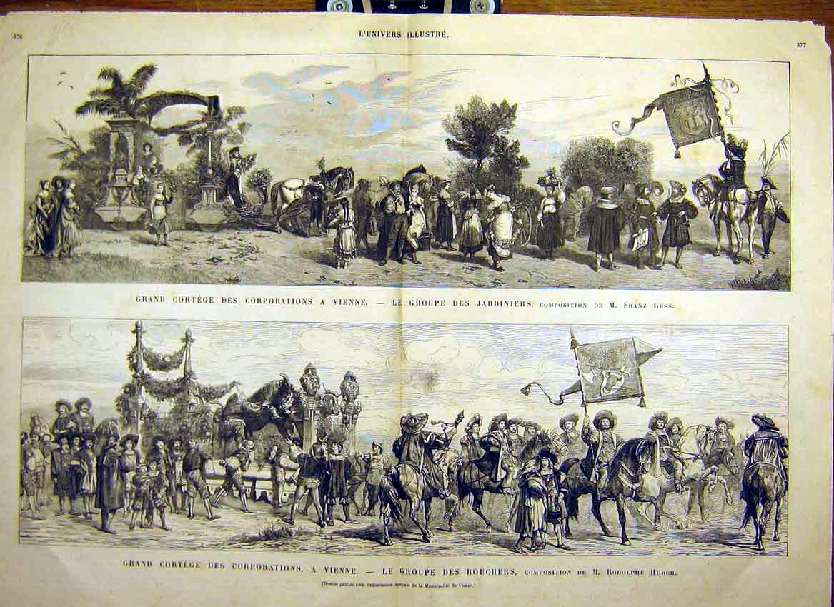 Original Old Antique Print Vienna Gardener Russ Huber Butcher Carnival 1880
