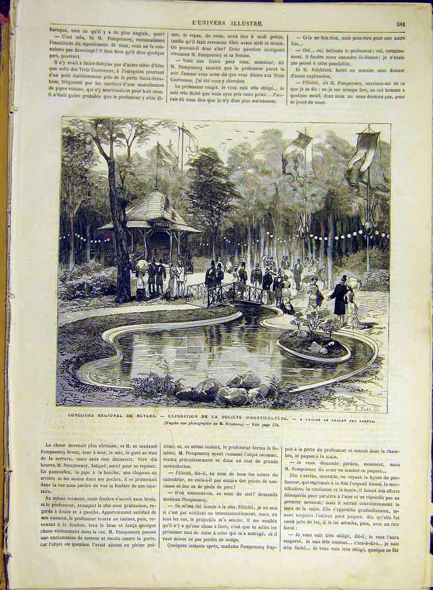 Original Old Antique Print Nevers Horticultural Society Forest Chalet 1880 19th