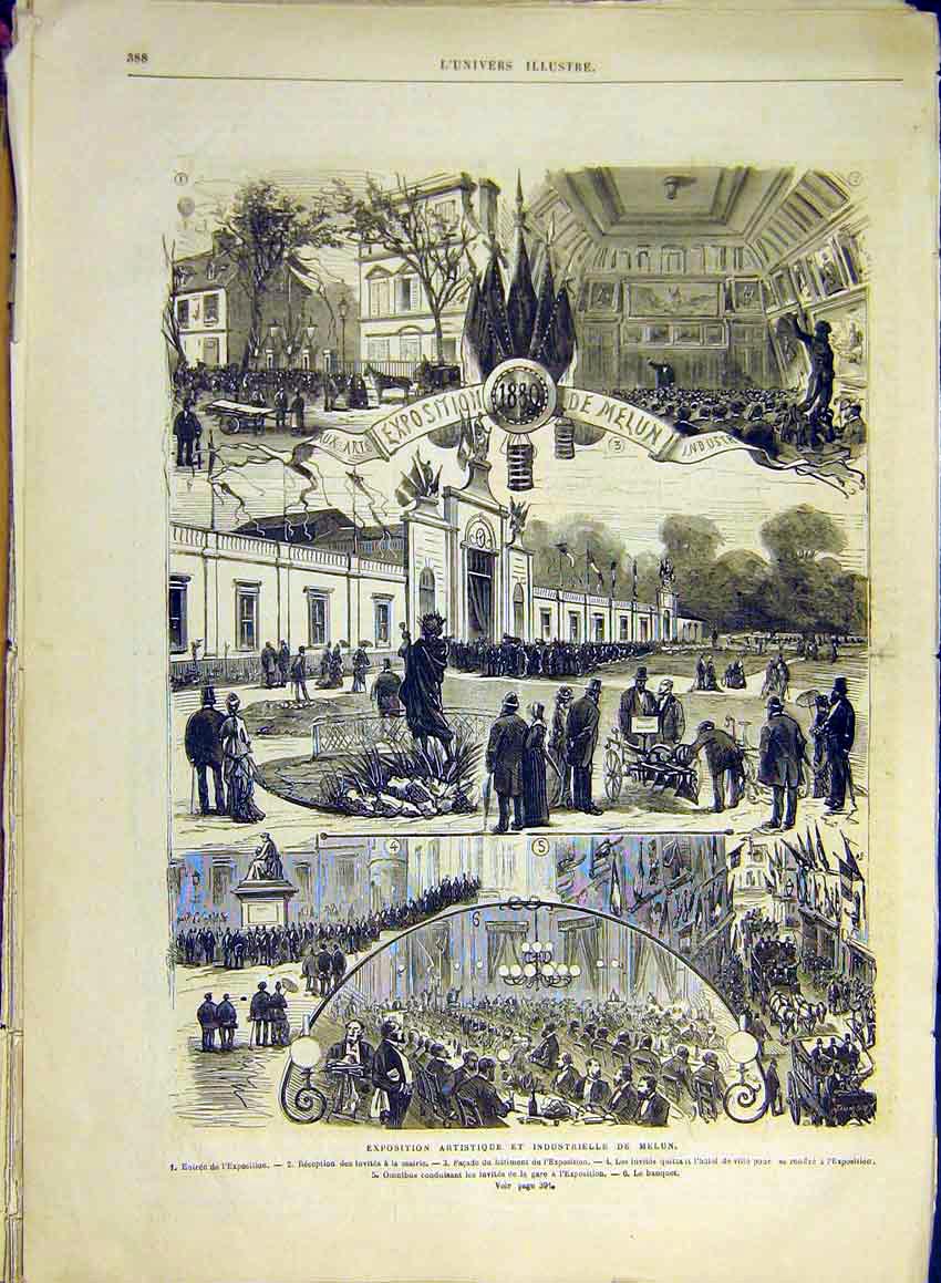Original Old Antique Print Industrial Exhibition Melun French 1880 Victorian