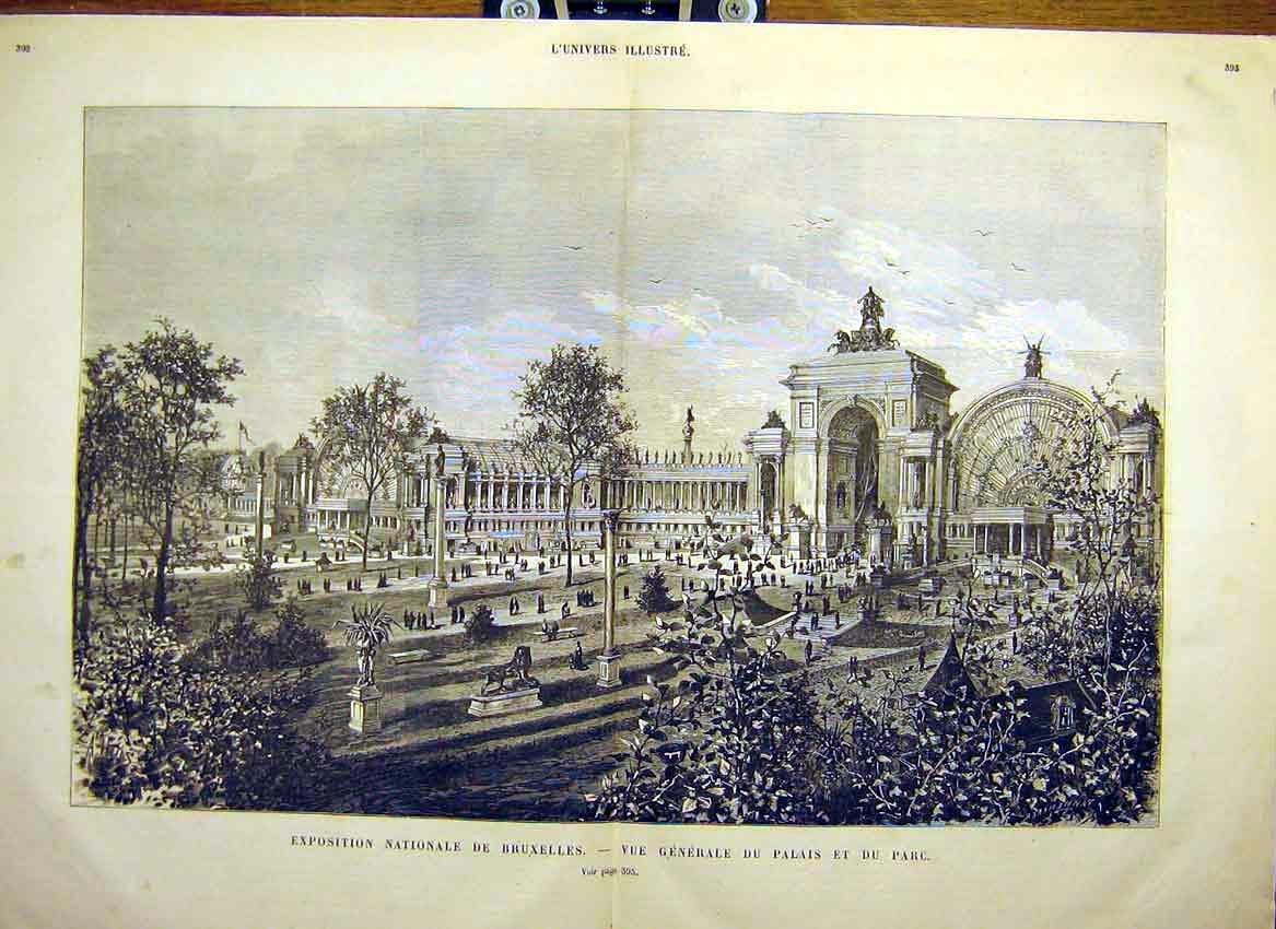 Original Old Antique Print Brussels Palace Park View Belgium Building 1880 19th