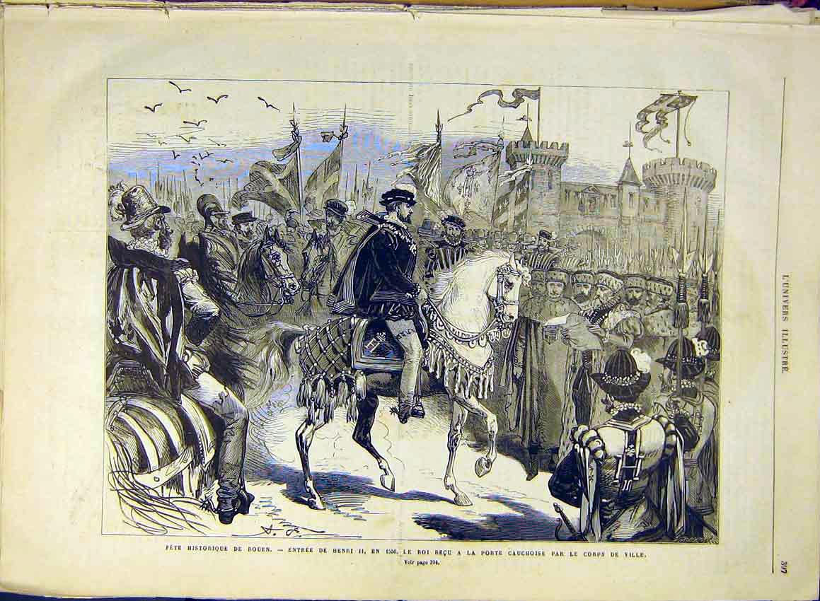 Original Old Antique Print Historic Fete Henry Rouen Cauchoise 1880 France 19th