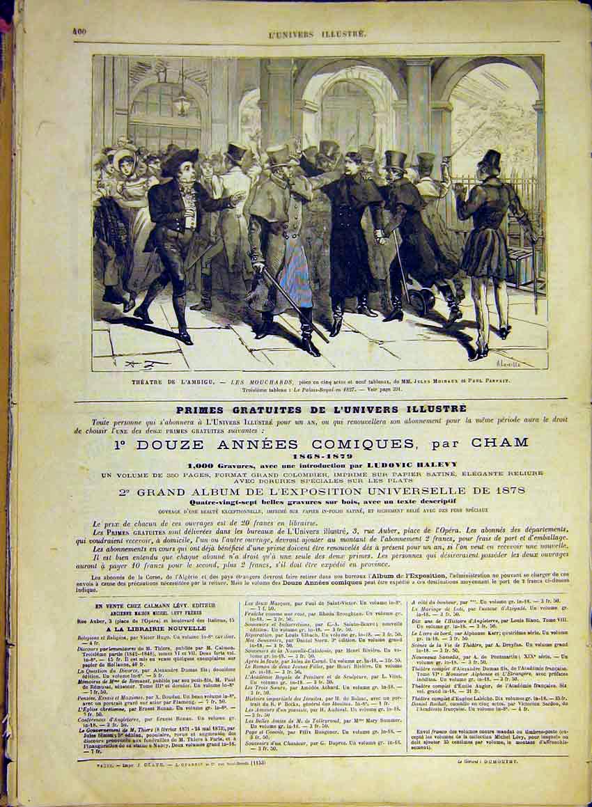 Original Old Antique Print Theatre Ambigu Moinaux Parfait Scene Mouchards 1880