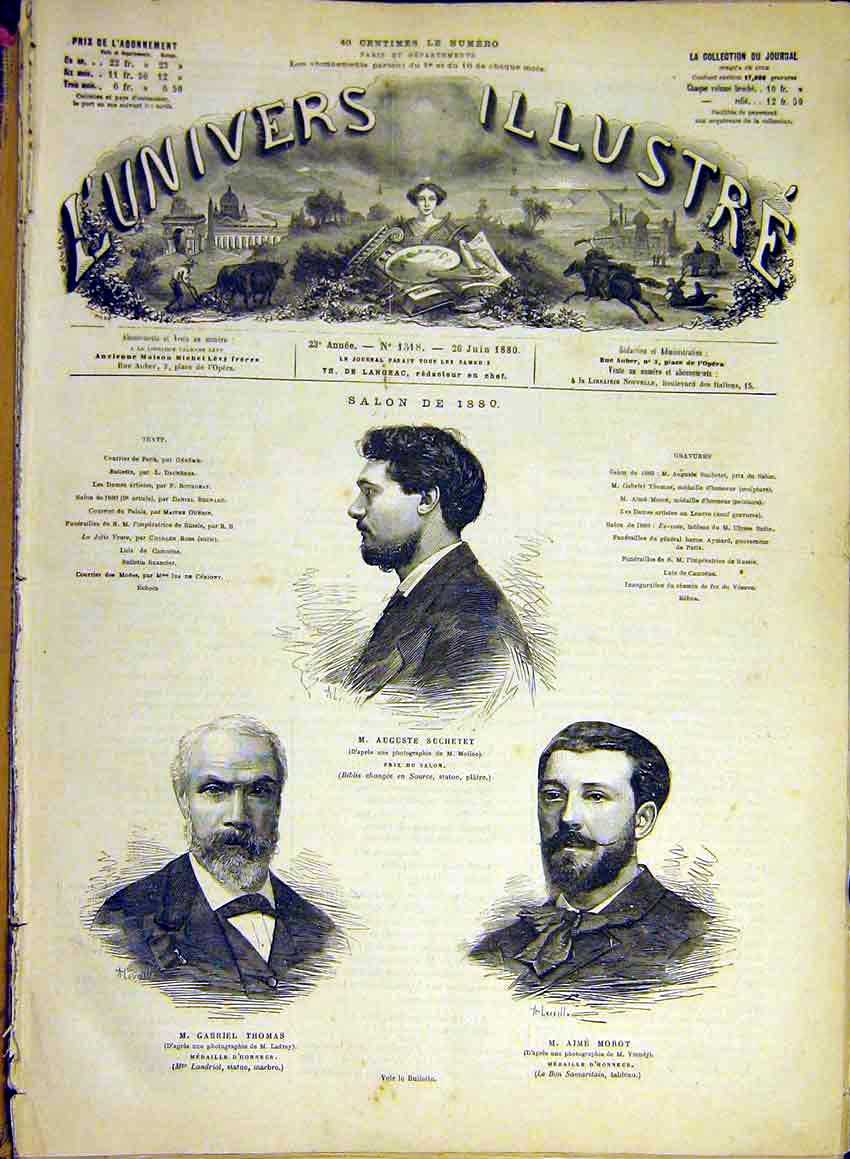Original Old Antique Print Portrait Suchetet Thomas Morot Medal French 1880 19th