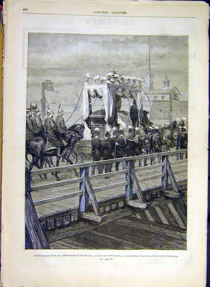 Old Antique Print Funeral Empress Russia Petersburg Troitzki Bridge 1880 19th