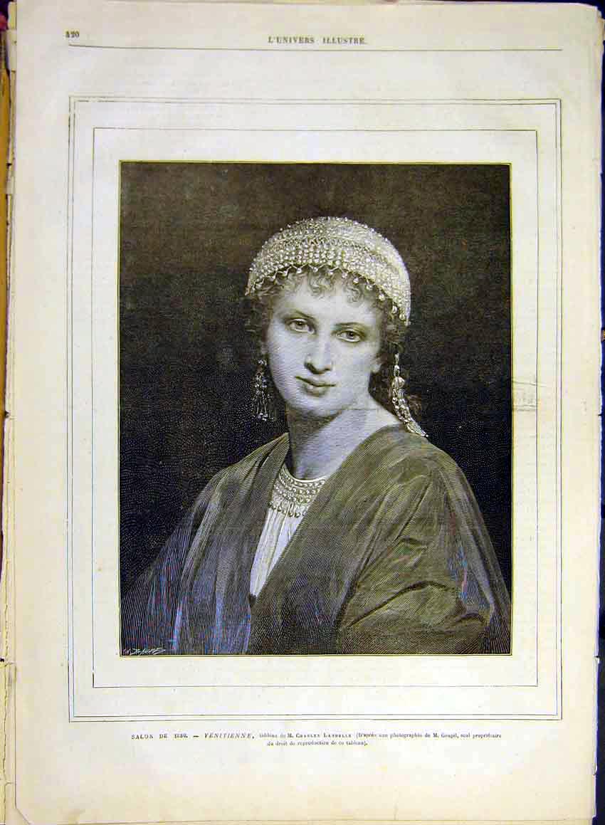 Original Old Antique Print Portrait Venetian Lady Landelle French 1880 Victorian