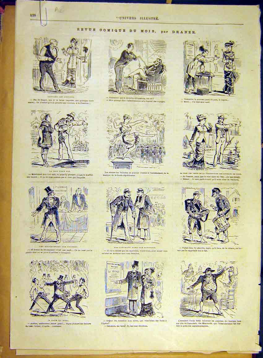 Original Old Antique Print Comic Review Draner Sketches Lady Vote Fashion 1880