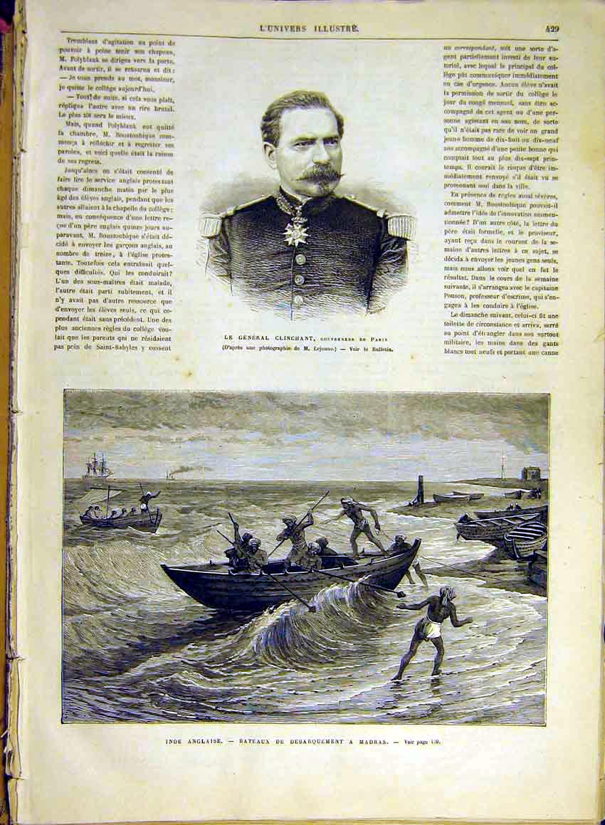 Original Old Antique Print Clinchant Governor Paris Indian Madras Boat 1880 19th