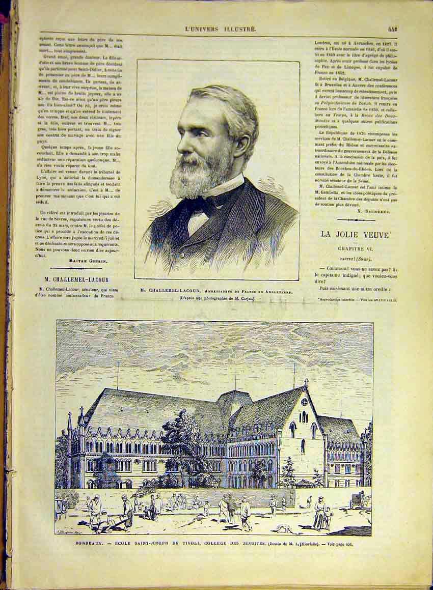 Original Old Antique Print Portrait Challemel-Lacour French Ambassador 1880 19th