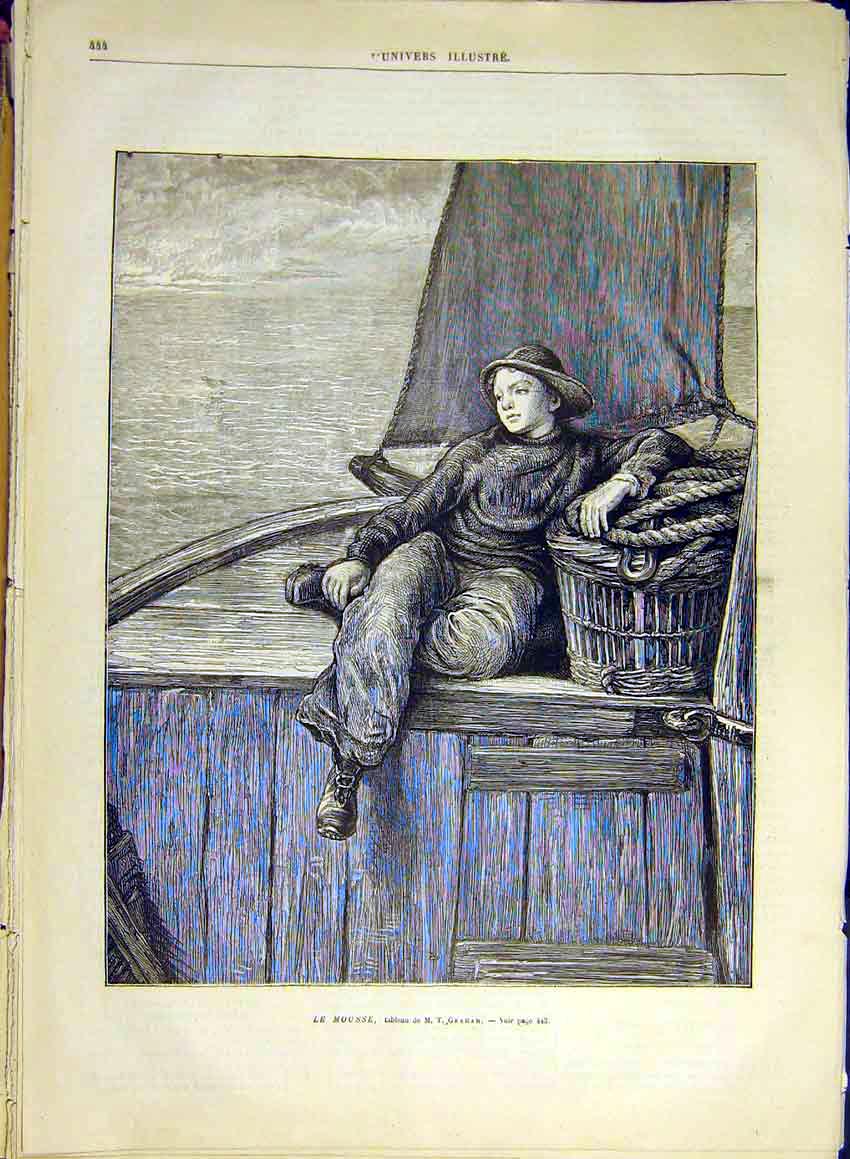 Original Old Antique Print Le Mousse Graham Fine Art French 1880 Boy Boat 19th