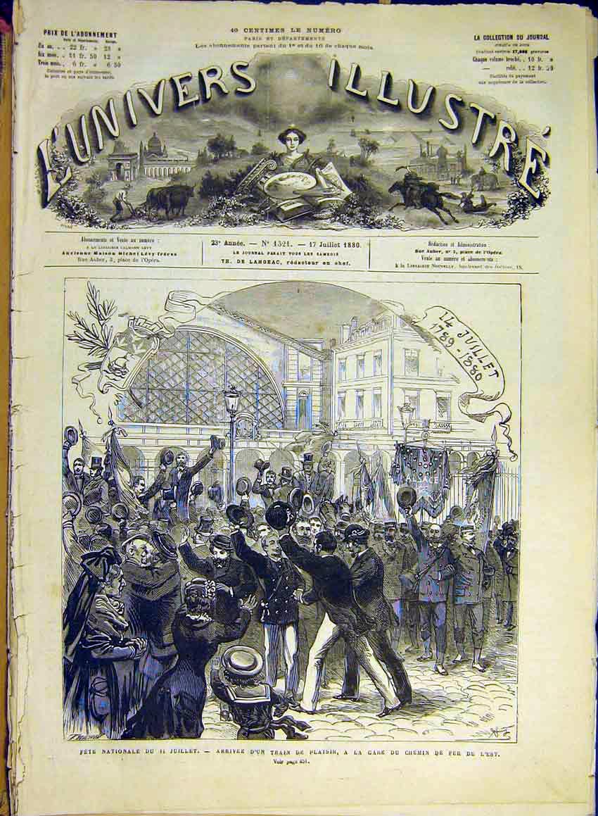 Original Old Antique Print Pleasure Train Station Railway Fete Paris France 1880