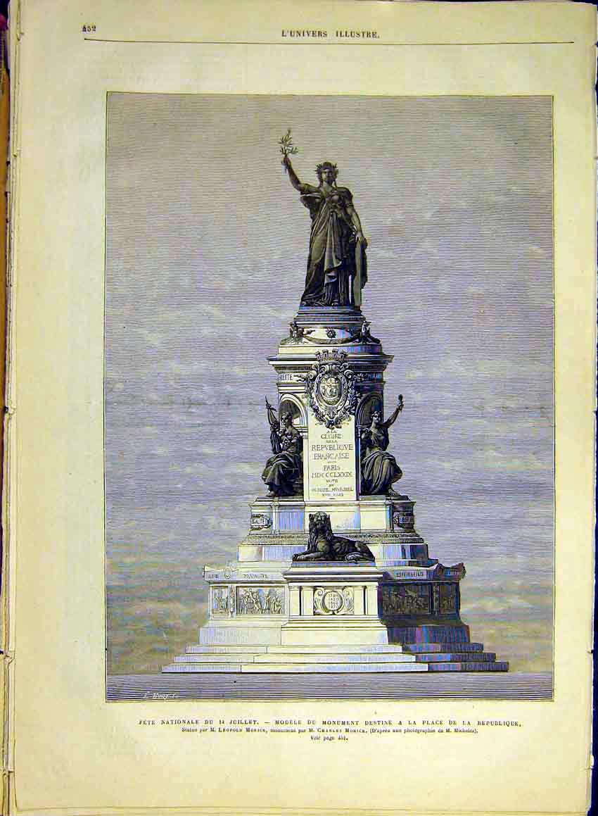 Original Old Antique Print Morice Statue Place Republique Paris France 1880 19th