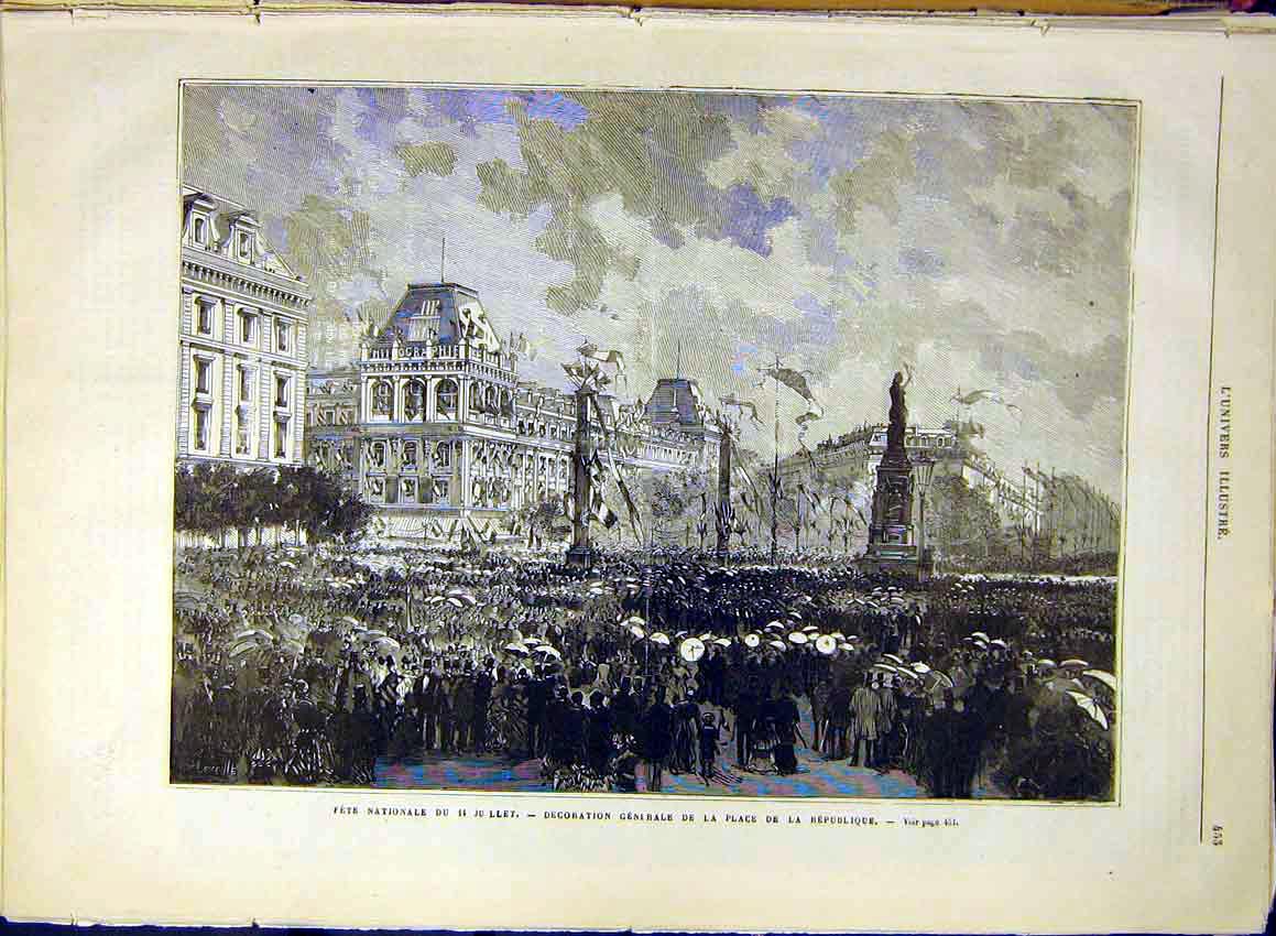 Original Old Antique Print France Fete National Place Republique French 1880