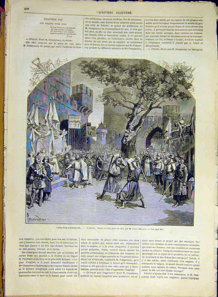 Original Old Antique Print French Theatre Garin Drama Scene Delair 1880 19th