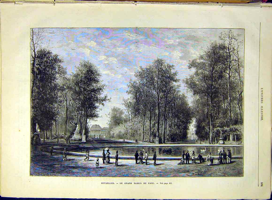 Original Old Antique Print Brussels Belgium Pond French 1880 19th