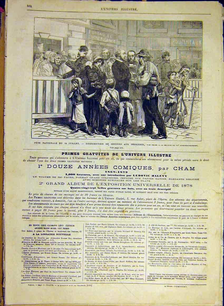 Original Old Antique Print Poor Donations Fete National Fete Mayor 1880 19th