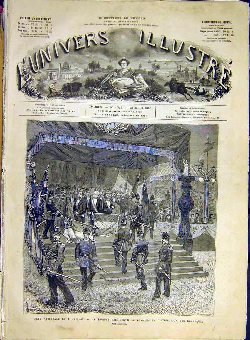 Original Old Antique Print National Fete President France Flag French 1880 19th