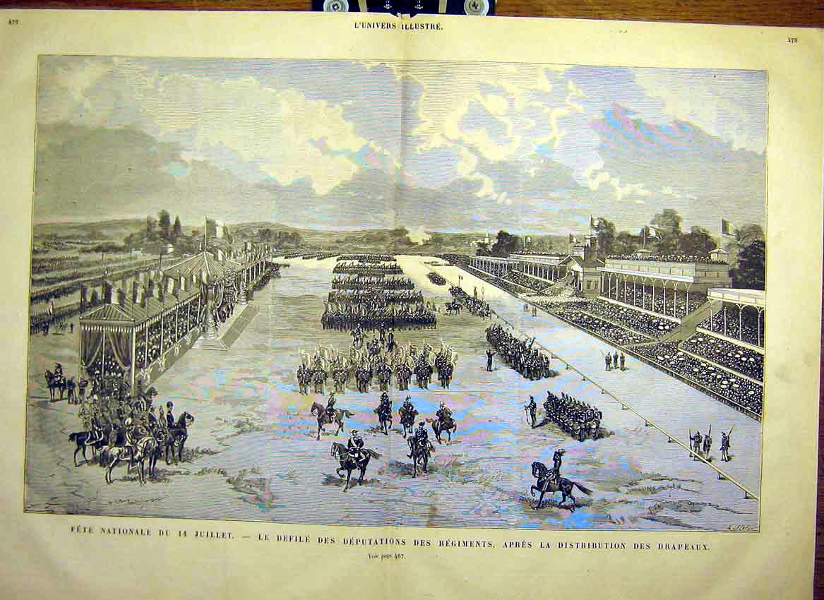 Original Old Antique Print National Fete Defile Regiments Flag French 1880 19th