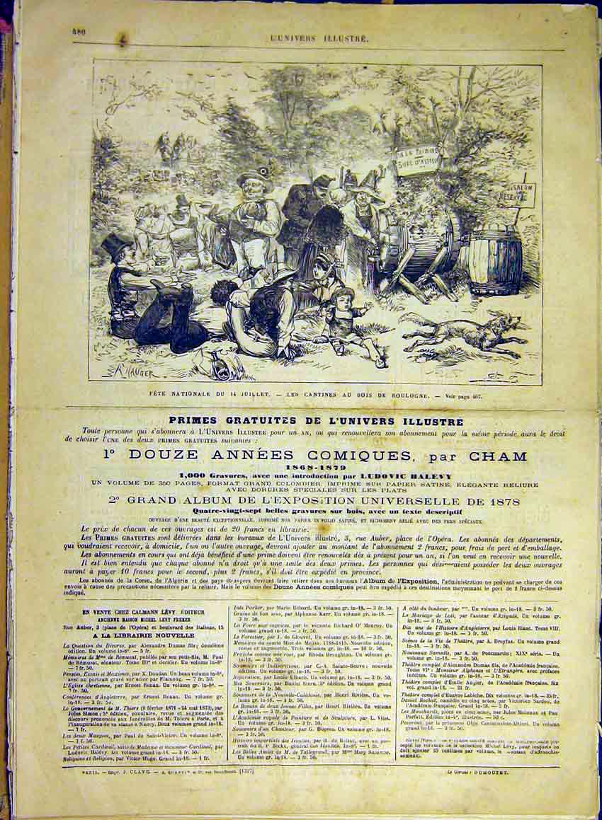 Original Old Antique Print National Fete Cantine Refreshments Boulogne 1880 19th