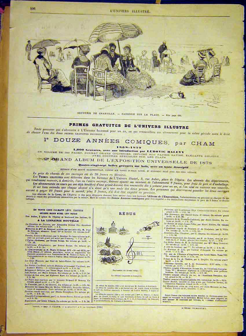 Original Old Antique Print Granville Beach Sea Causerie French 1880 Victorian