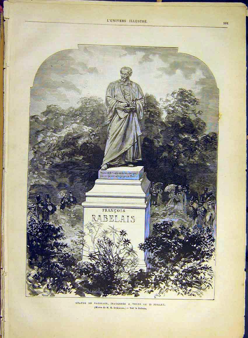 Original Old Antique Print Statue Rebelais Tours Dumaige French 1880 Victorian