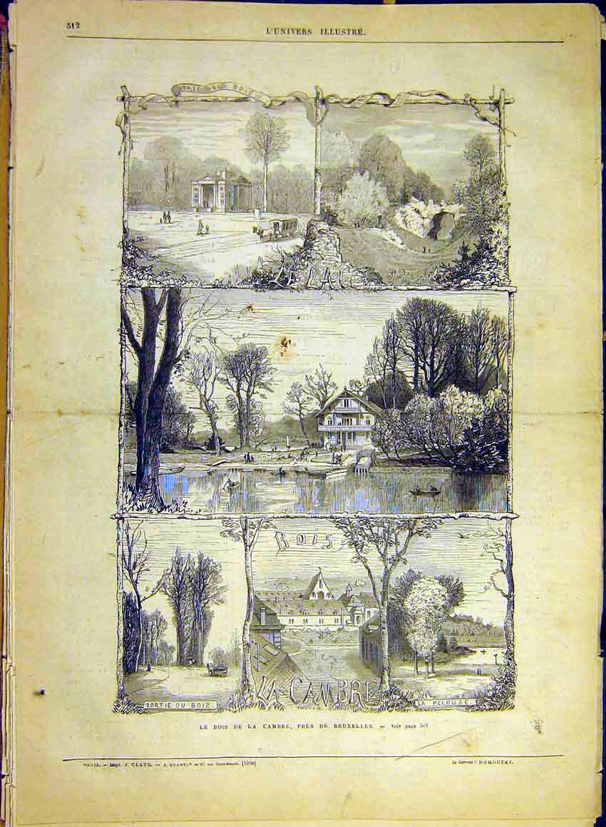 Original Old Antique Print Woods Cambre Brussels Belgium Sketches 1880 Victorian