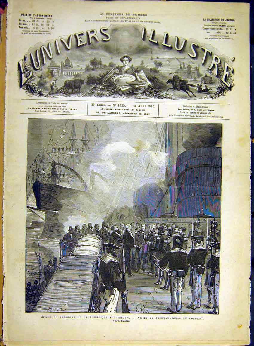 Original Old Antique Print Cherbourg President Admiral Colbert French 1880 19th